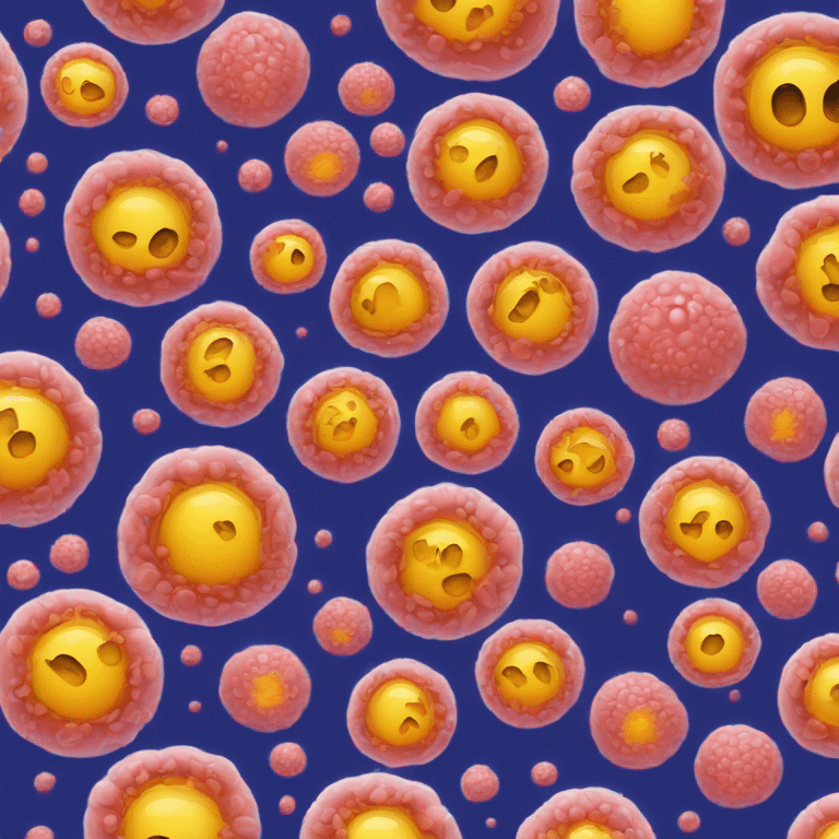 A eukaryotic cell with a central nucleus surrounded by smaller varying organelles emoji