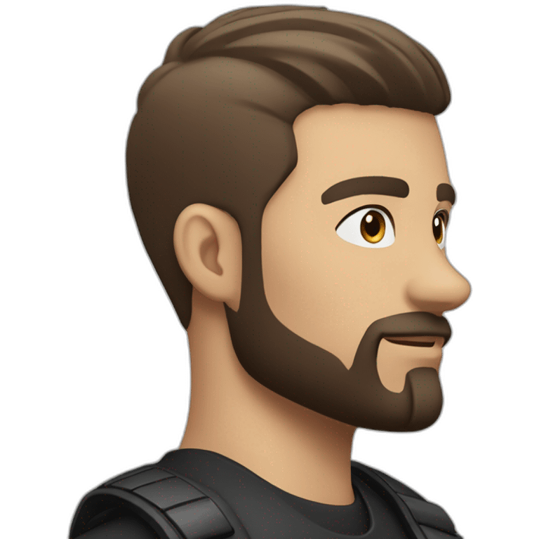 young man with short dark brown undercut hair, blue eyes, sporting a short beard, embodying a biker aesthetic, his gaze sharp emoji