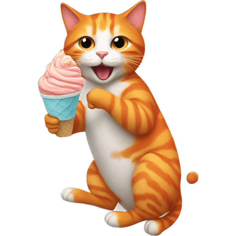 Orange cat eating an ice cream while riding a surfboard emoji