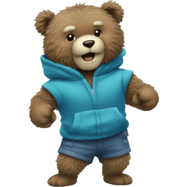 Blue fuzzy bear wearing clothes punching  at camera emoji