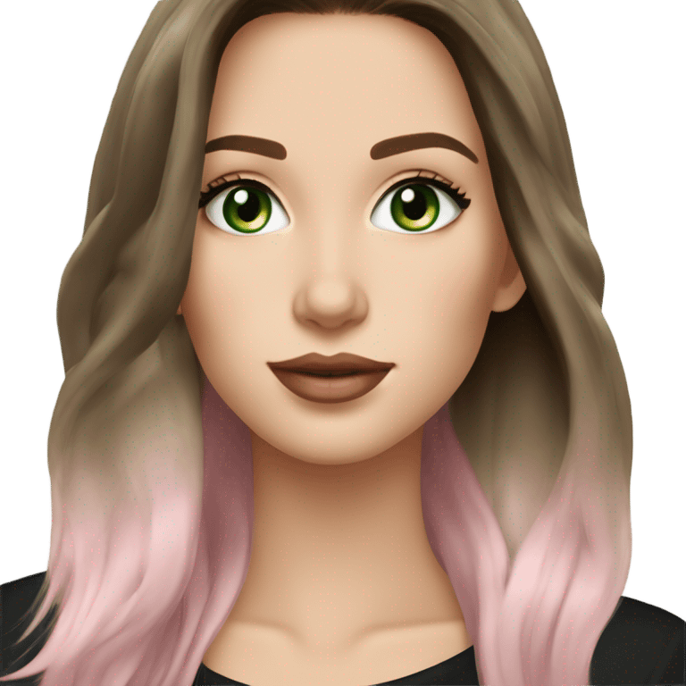 Brunette balayage long hair white woman green eyes black sweater with light pink lips no green hair  emoji