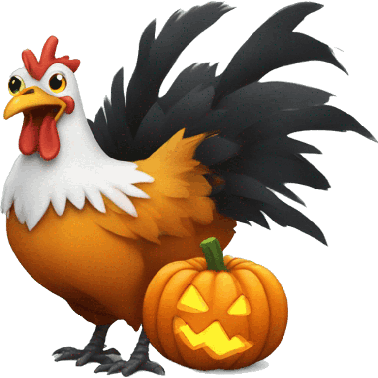 Spooky Halloween chicken pecking a pumpkin. emoji