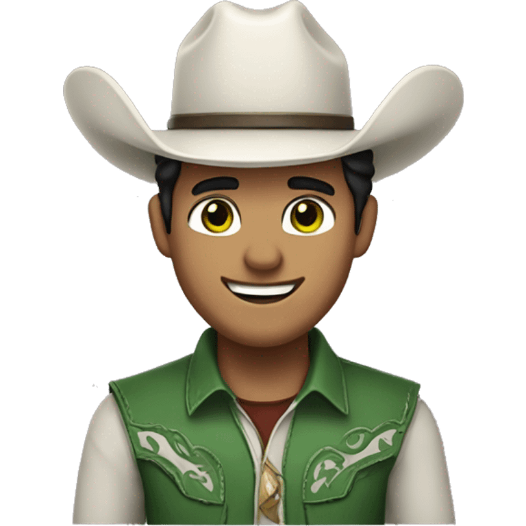 cowboy with black hair and green eyes, white fur and smile and col clth emoji