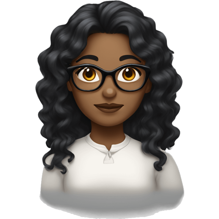 Girl with long curly black hair and brown skin and black eyes and cat-eye glasses  emoji