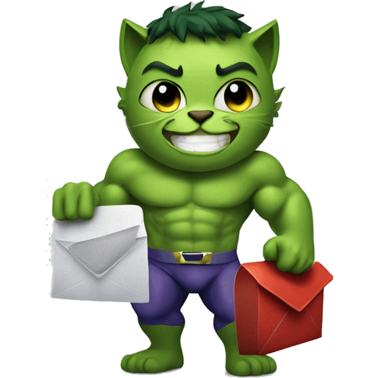 Superhero hulk cat, smiling and holding a mailbox emoji