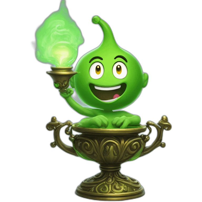 green genie coming out of a genie wonder lamp, environmentally friendly, represensting unrealistic hopes emoji