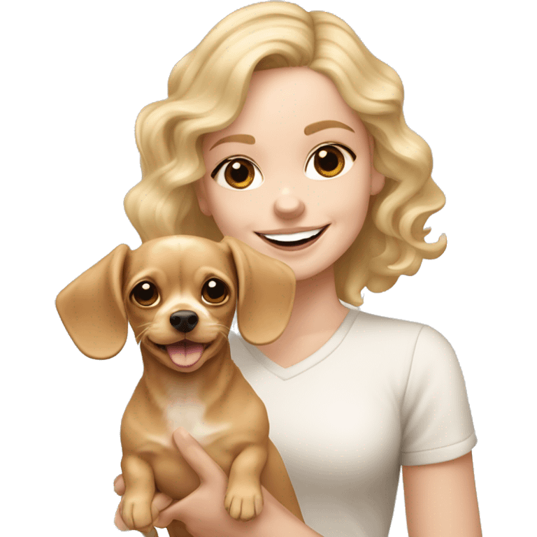 White girl with wavy blonde hair holding a beige chihuahua dachshund cocker spaniel mix happy with shorter ears emoji