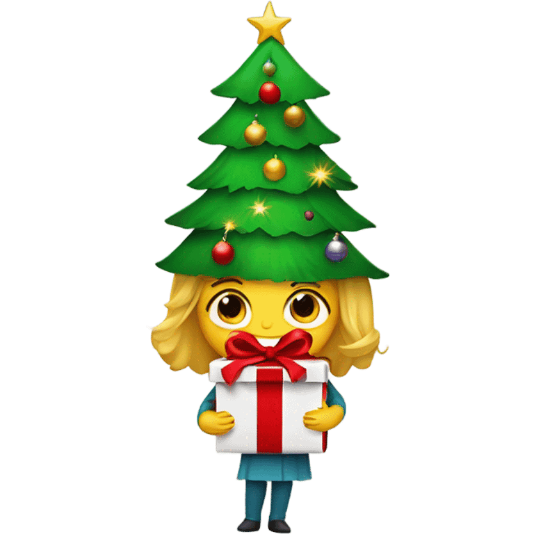 Christmas tree with a girl under it unwrapping a present  emoji