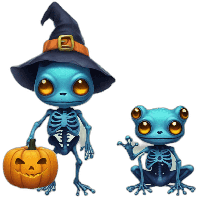 Blue zombie Witch frog with pumpkin with Skeleton outfit emoji