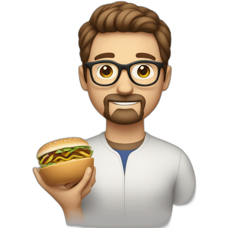 brown hair white guy with little mustache and goatee, wearing rounded glasses with meal in hands emoji