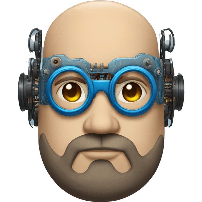 Bearded Fat bald cyborg head with tan skin, blue steampunk goggles and circuits emoji