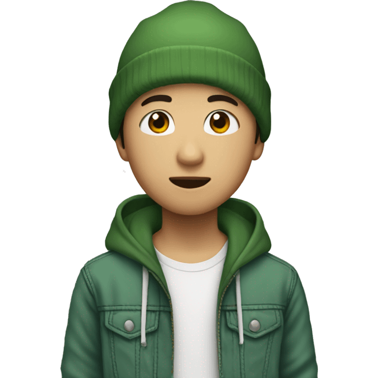 asian boy with beanie hat wearing green hoodie with jeans jacket  emoji