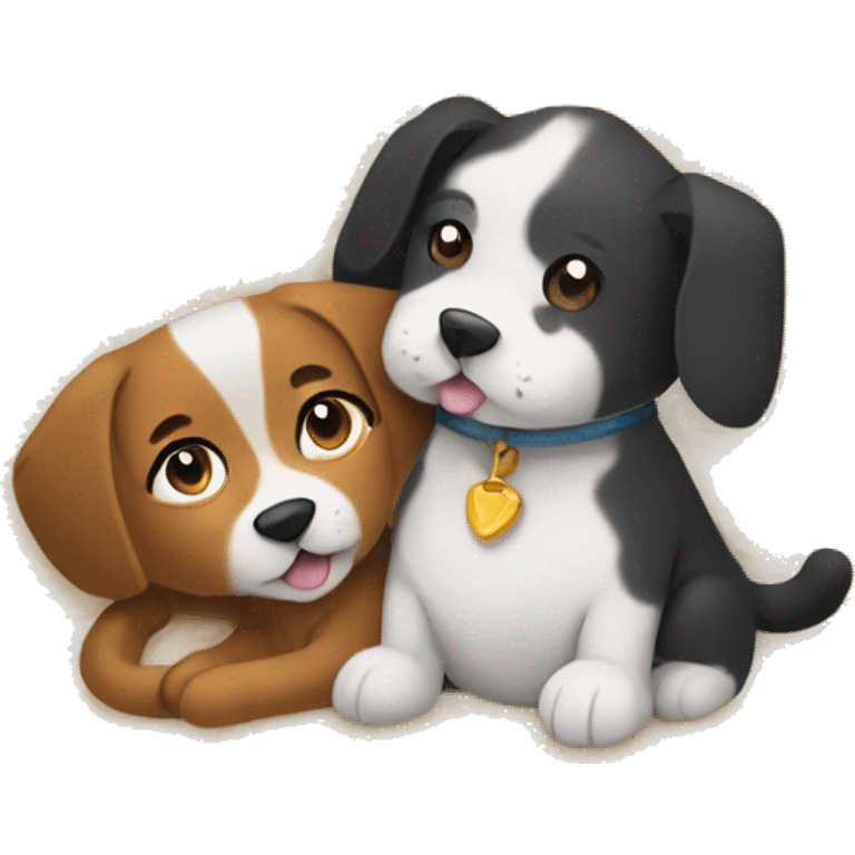 Generate an emoji of a cat and dog cuddling together on a fluffy rug, surrounded by cozy pillows, giving a warm and inviting vibe. emoji