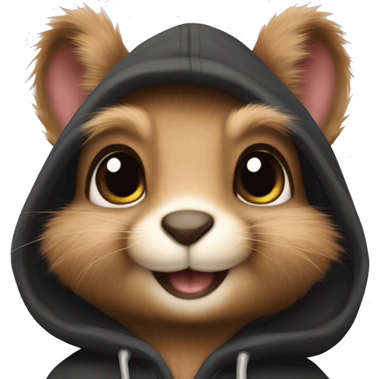 Cute realistic fluffy Squirrel with fluffy ears in black hoodie holding an iPhone  emoji