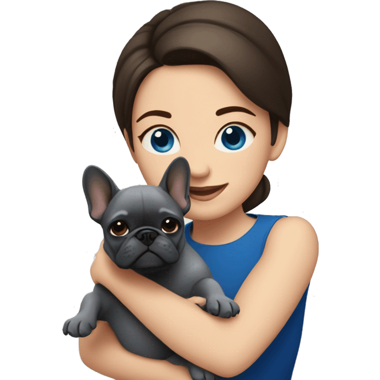 Brunette woman hugging dark gray french bulldog with blue eyes emoji