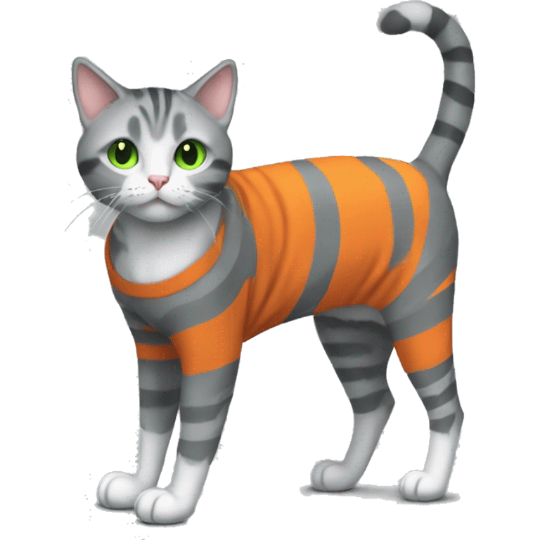 A striped grey cat with green eyes with orange sweater in full growth emoji