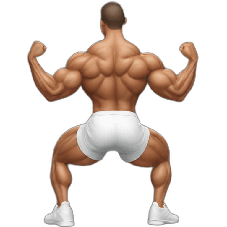 incredibly muscular man low squat dance back view. emoji