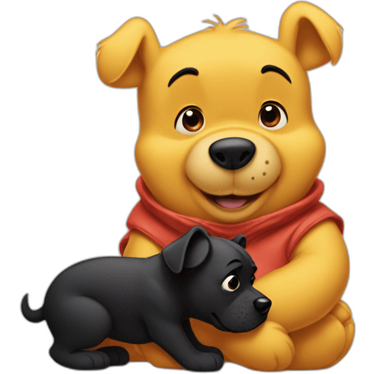 Winnie the Pooh with a black small dog who has a White spot on the stomach emoji