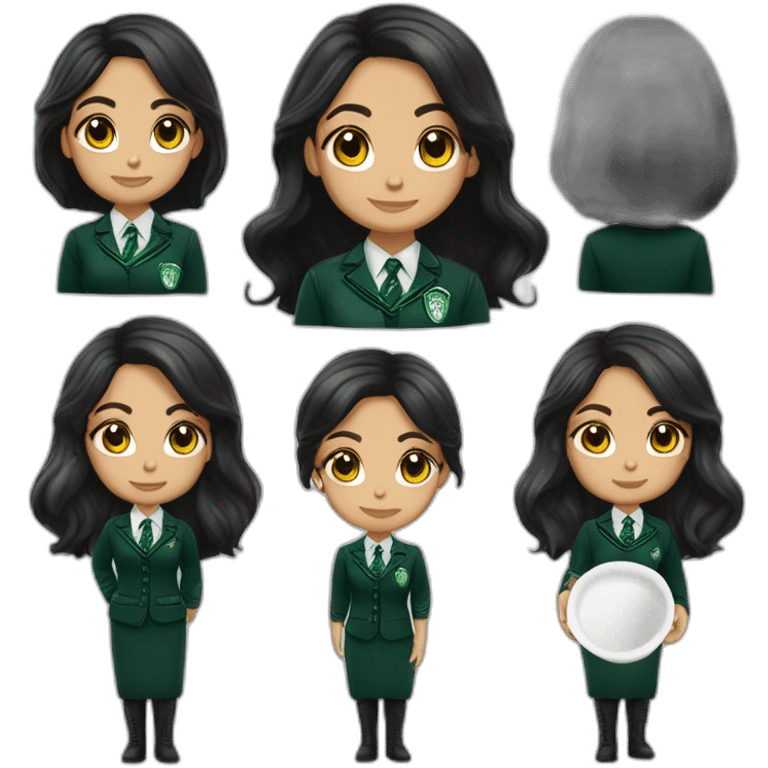 Chica de tez blanca, ojos cafés oscuros, cabello negro. Vestida con el uniforme de slytherin emoji