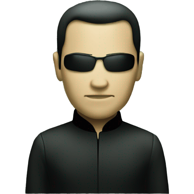 Neo from matrix with a serious face, waving, and matrix code in background emoji