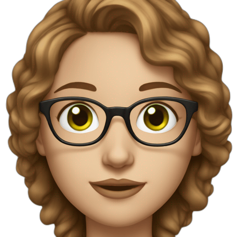 White skin, young woman, brown wavy hair, green eyes, big silver sight glasses, big nose. emoji