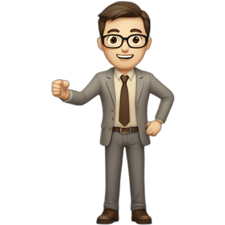 To belt Actively gesturing with hands Pale skinned fit man teacher with dark brown hair in gray jacket, beige office shirt, brown tie, brown pants and vintage glasses. emoji