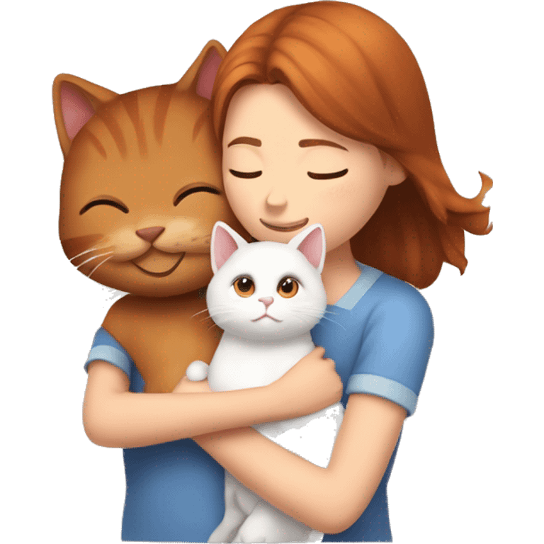 A red-and-white cat who is hugged by a girl with brown hair emoji