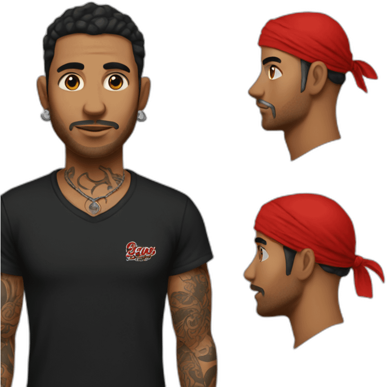 A man with tattoos in a black T-shirt and a red bandana emoji