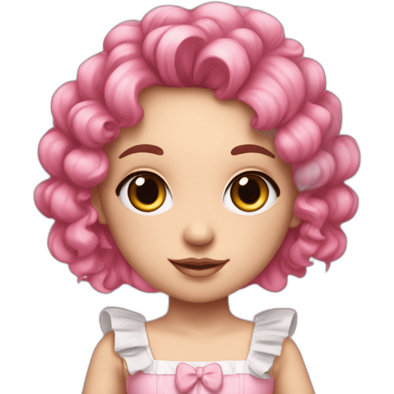 white girl in pink frilly dress with ruffles and bow, pink hair, long pigtails emoji