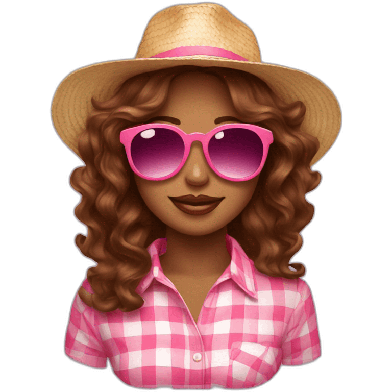 pink sunglasses on female head with wavy brown hair and a summer hat emoji