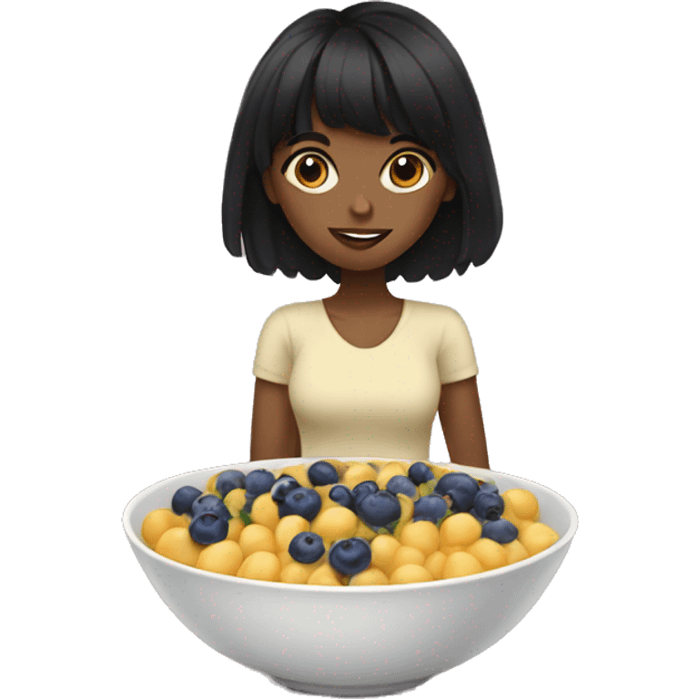 brown girl with black hair with bangs eating blueberries in bowl emoji