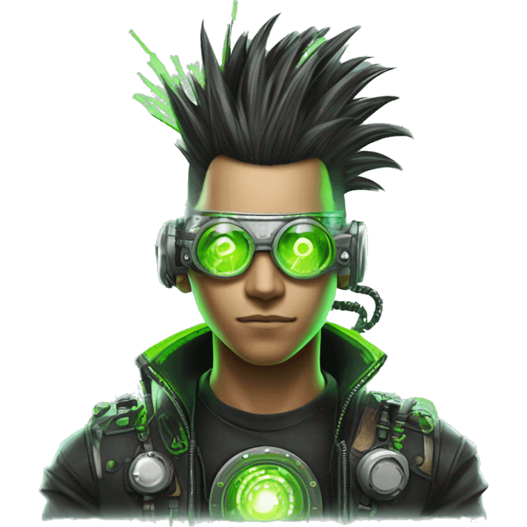 Mohawk hair with neon green highlights Asian male cyborg head with neon silver steampunk goggles and circuits emoji