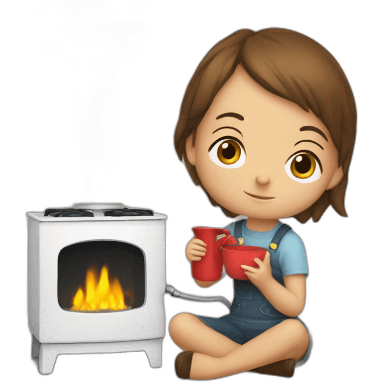 children are sitting near a mechanical stove emoji