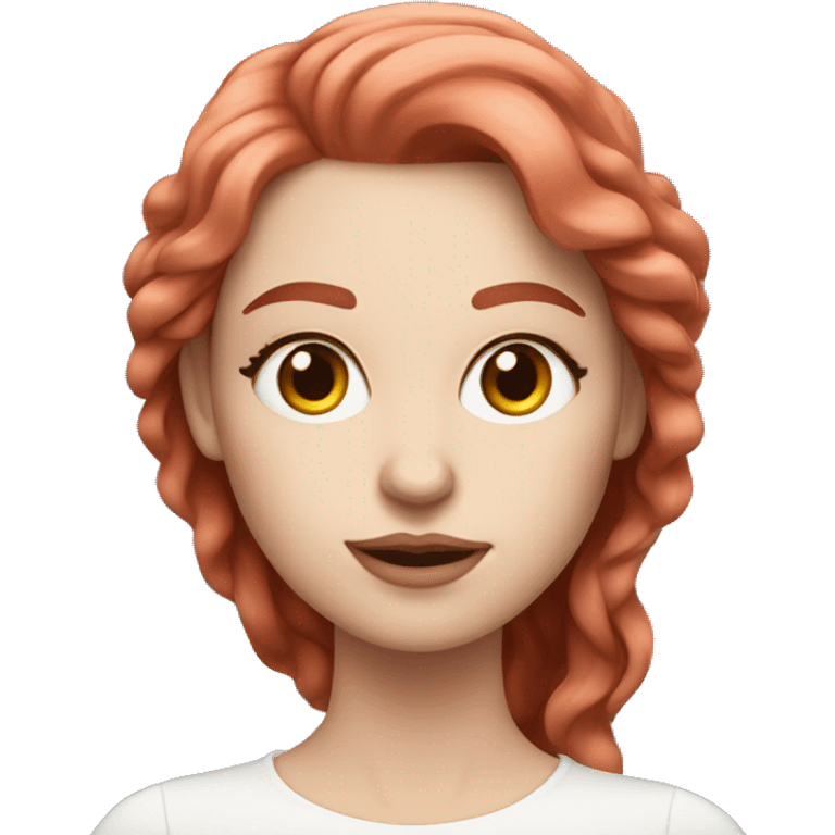 Woman with a white skin that has wavy Long hot red hair and brown eyes with an eyeliner and lashes coding on a pink macbook emoji