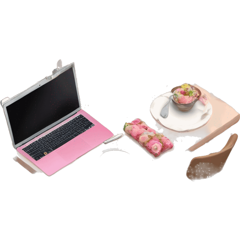 Homeoffice table with a Pink MacBook and sweet food all over the white table  emoji