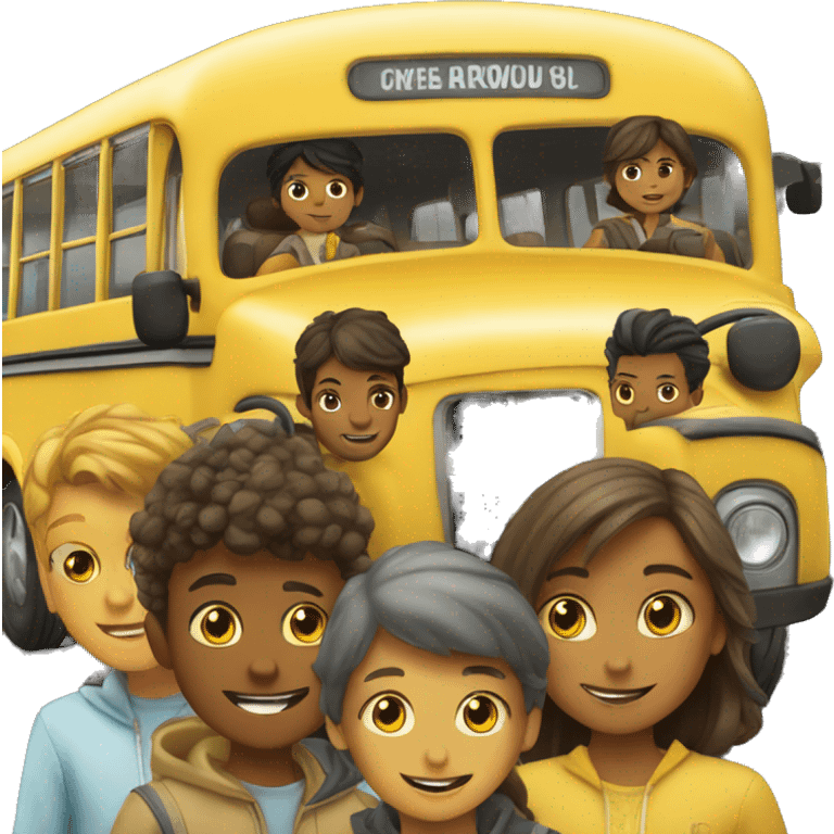 a yellow bus with 4 boys and 4 girls in it emoji