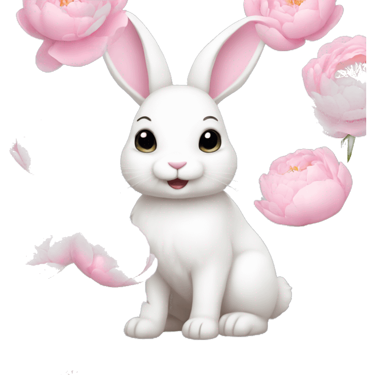 cute white bunny holding light pink peonies emoji