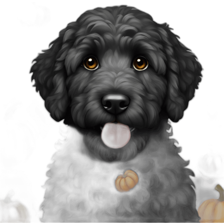 A black goldendoodle with grey spots, sitting by a jackolantern emoji