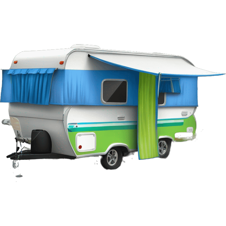 Realistic lime green and white outdoors camper trailer on wheels with blue curtains in windows ,a blue and green striped awning rolled out on top of camper. emoji