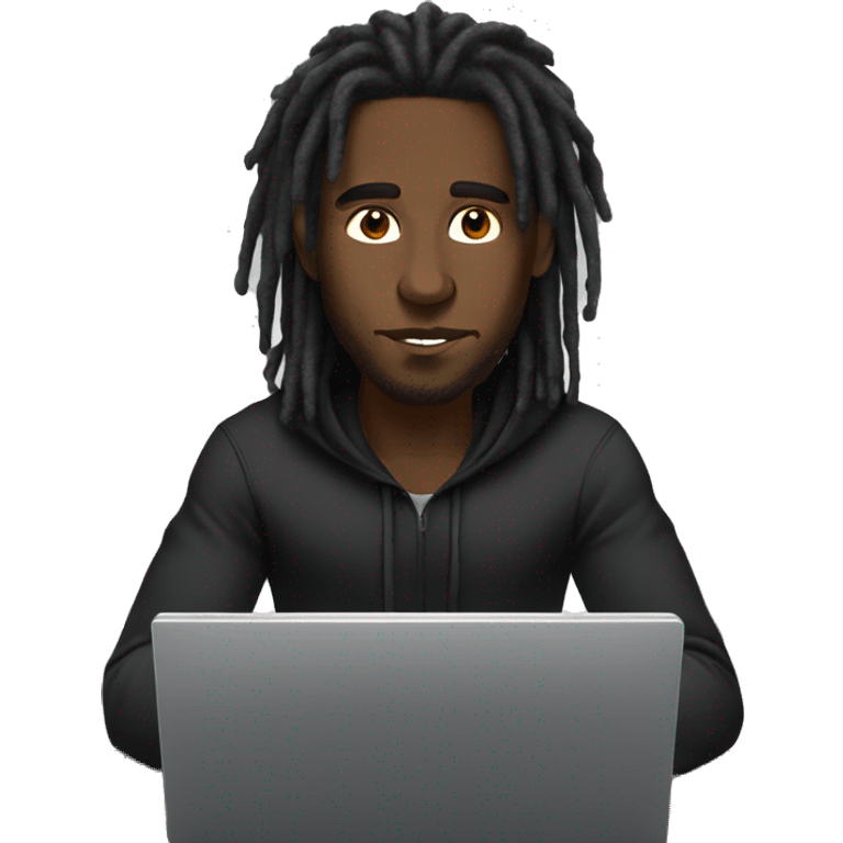 Black-guy-with-dreads-wearing-black-trackstuit-sitting-down-on-chair facing-foward-focused-on-laptop-computer- emoji