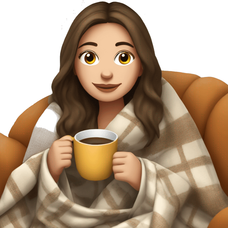 Brunette white girl covered in blanket autumn vibe sitting on a cozy chair holding coffee emoji