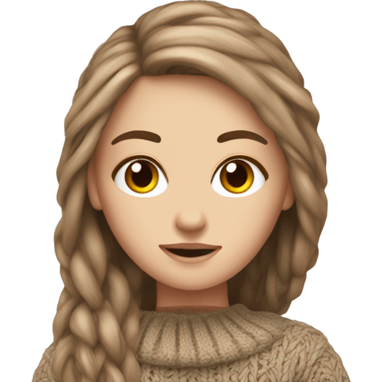 white girl brown long hair in hknitted cozy sweater  emoji