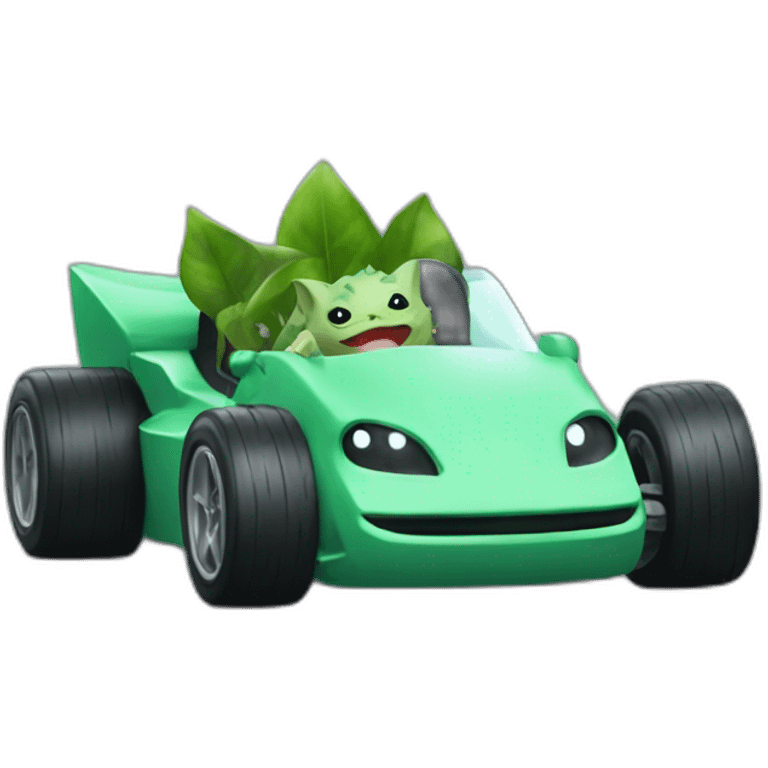 Bulbasaur driving a f1 car emoji