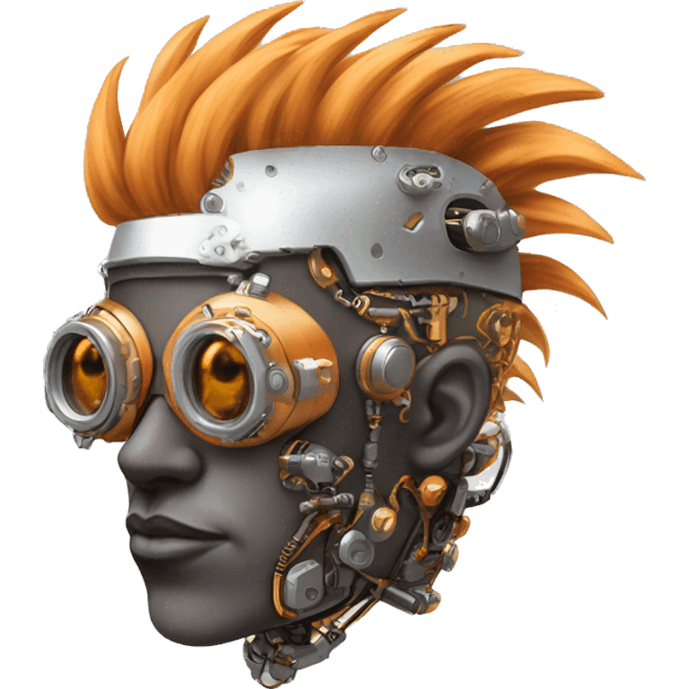 Light orange Mohawk hair male cyborg head with silver steampunk goggles and circuits emoji