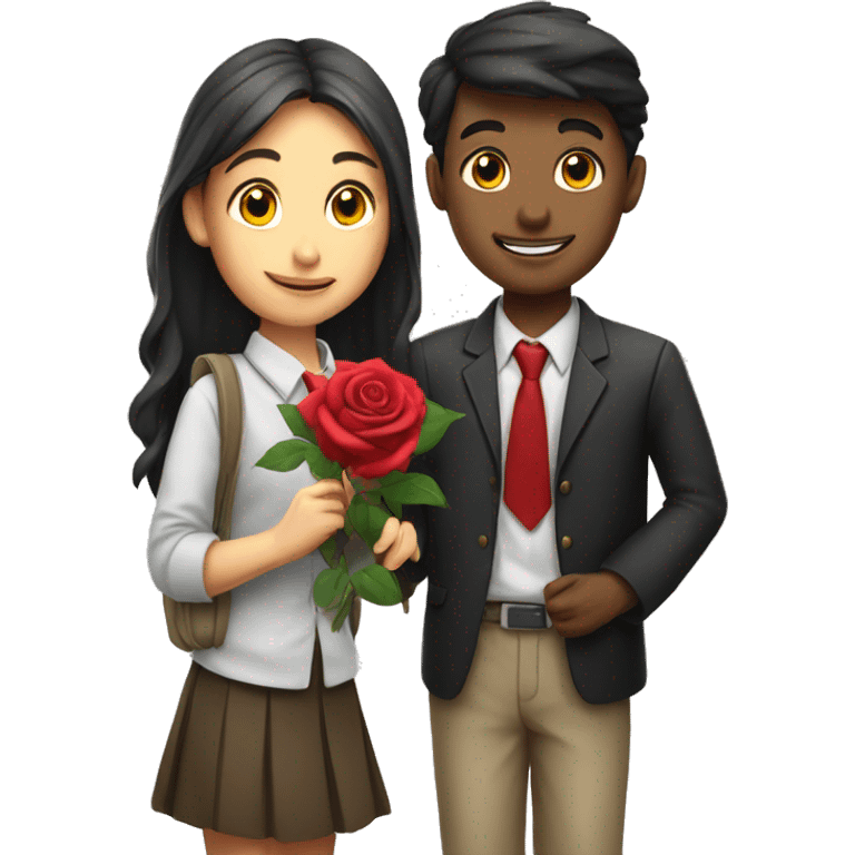 school student boy and girl with rose emoji