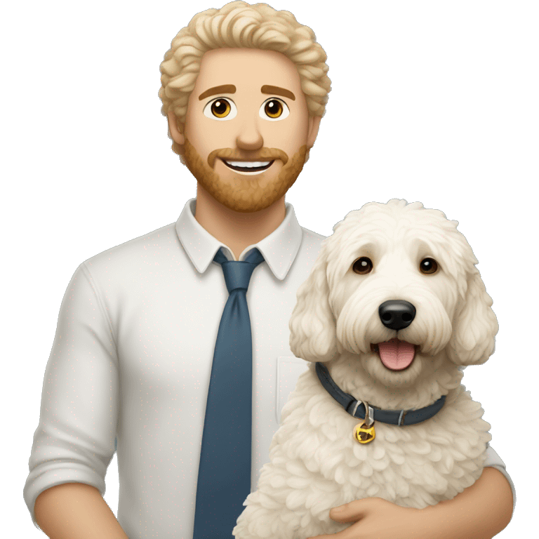 White mini golden doodle with man emoji