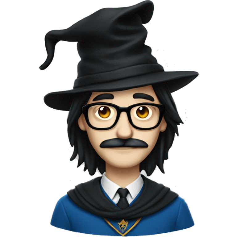 man with white skin, black longer hair, mustache, glasses, with a magic hat, ravenclaw emoji