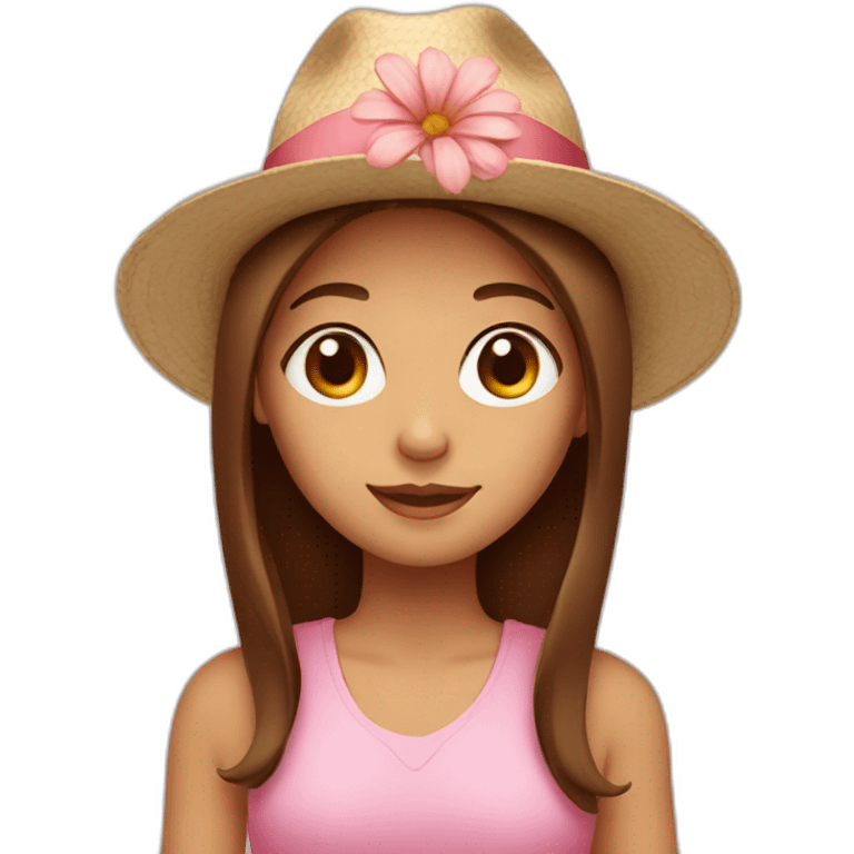 Girl with brown straight hair wearing a hat and a flower in her hand emoji