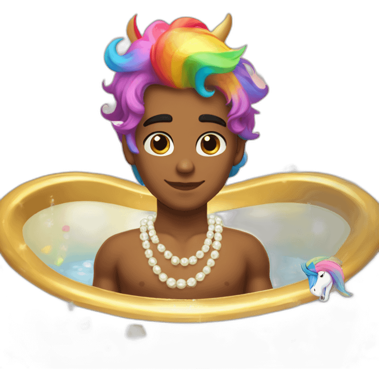 posh-muscle-boy-with-pearl-necklace-and-rainbow-unicorn-hair-in-golden-bathtub emoji