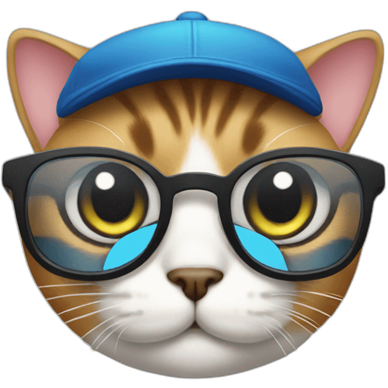 a cat with big eyes wearing glasses and a cap emoji